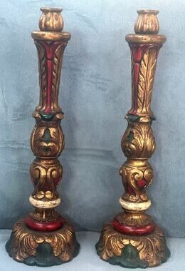 Pair Antique Guilded Wooden Pillar Candleholders